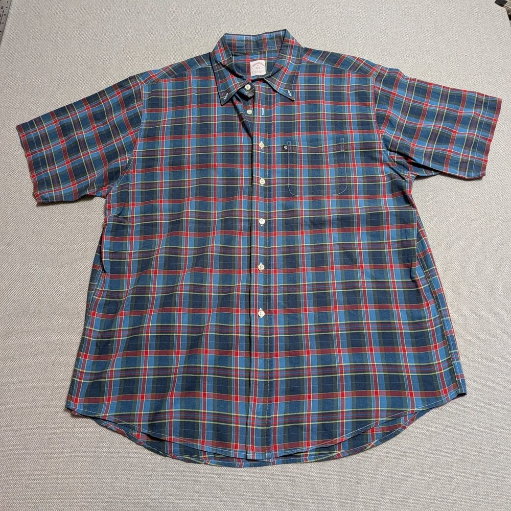 Brooks Brothers 346 Button-Down Shirt Men's XL Blue Plaid Short Sleeve Cotton